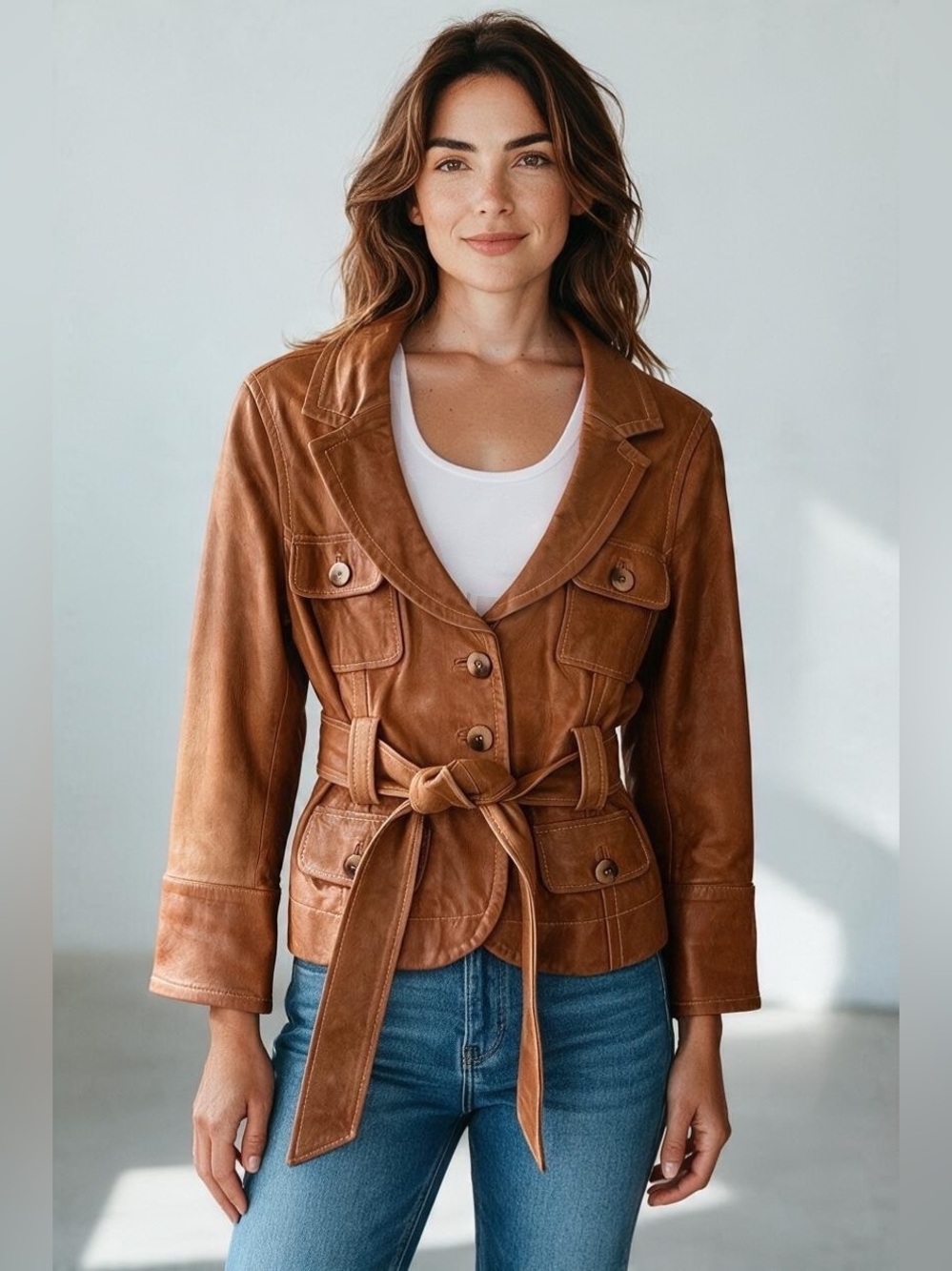Vintage 2005 bebe Genuine Leather Cognac Belted Safari Jacket size M